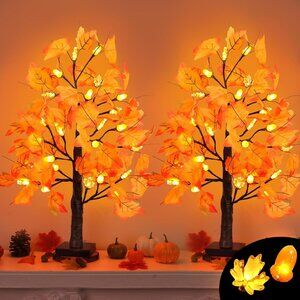 2 Pack 24 Inch Artificial Lighted Maple Tree with 48 LEDs Timer Fall Thanksgivin